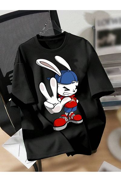 BYMEER Tricou unisex oversize negru cu imprimeu iepure pentru copii