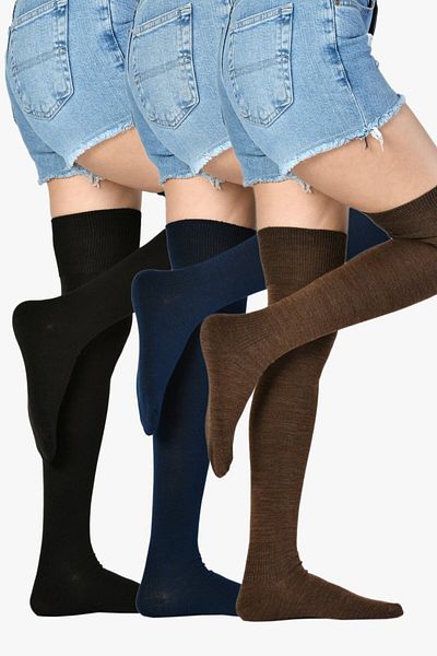 Moda1001 Комплект от 3 дамски вълнени чорапи над коляното (черно-кафе-тъмносиньо) - микс
