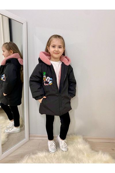 GZT TEKSTİL Girl's Black Coat Inside Pink Welsoft Fabric