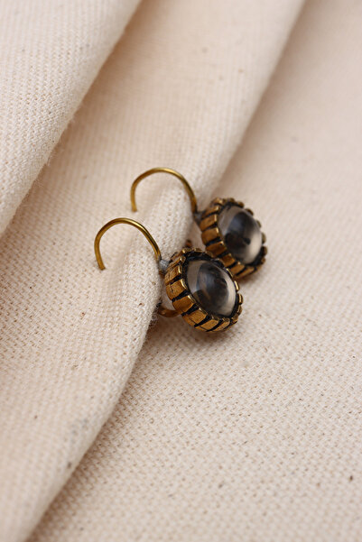 Süspüs Accessories YUVARLAK ANTRASİT SAYDAM TAŞLI OTANTİK KÜPE