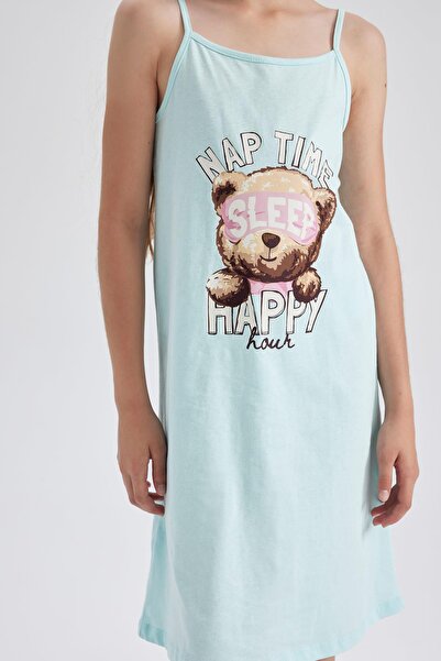 DeFacto Kız Çocuk Regular Fit Ayıcık Baskılı Askılı Pamuklu Gecelik