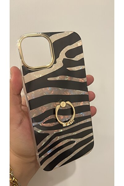By Semra İPHONE 14 PLUS UYUMLU ZEBRA DESEN TAŞLI YÜZÜKLÜ GOLD ÇERÇEVE SLİKON ...