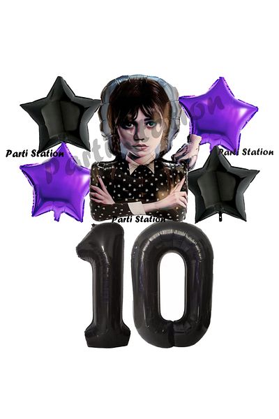 Parti Station Wednesday Addams 10 Years Black Purple Balloon Set - Birthday Party Concept
