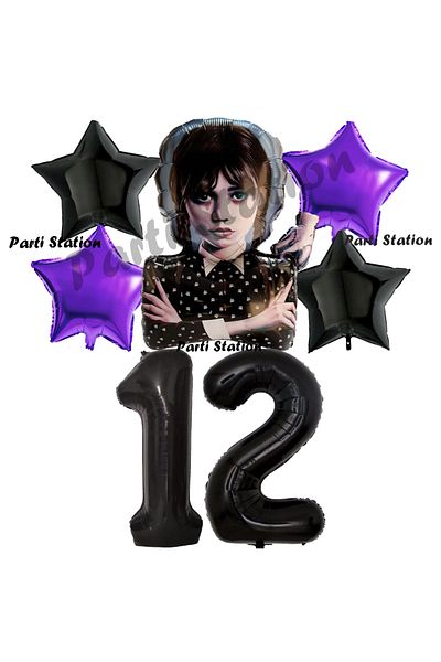 Parti Station 12 Years Old Wednesday Addams Black Purple Birthday Balloon Set