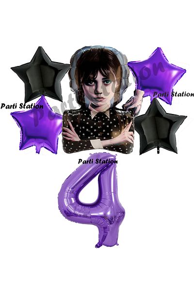 Parti Station Wednesday Balloon Set 4 Years Old Wednesday Addams Purple Number Balloon Concept Birthday Party Balloon Set
