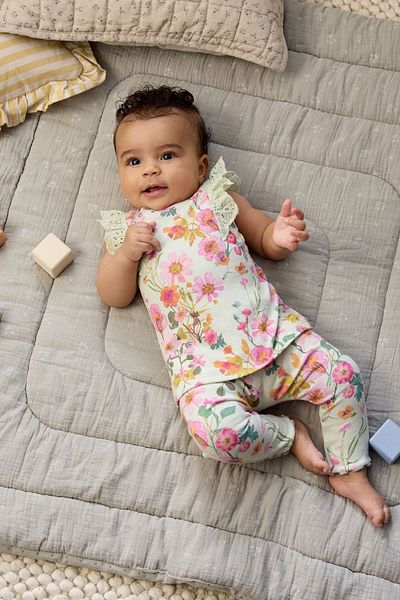 Next Baby Cotton Cream Sage Green Floral Patterned Short Sleeve Top and Bottom Set