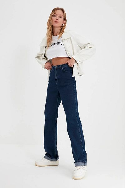 BROSERER Pantaloni largi de damă Laara, albastru bleumarin, cu talie înaltă, blugi din denim