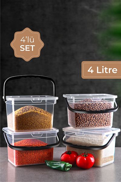 Vienev 4 Liter Mega Size 4-Piece Square Flour Pulses Container - Detergent Dispenser Storage Box Container with Handles White