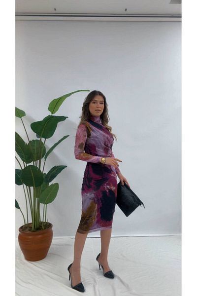 FEHAL GİYİM tulle fabric turtleneck gathered midi size cloud print dress