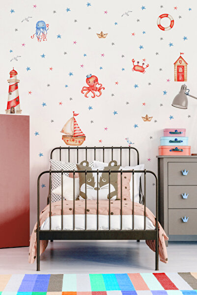 AlyMarkt ملصق مرآة حائط على شكل قارب منارة الأخطبوط وسرطان البحر لباب الخزانة