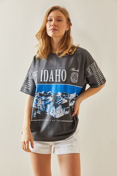 XHAN Anthracite Printed Crew Neck Oversize T-Shirt 5YXK1-48004-36