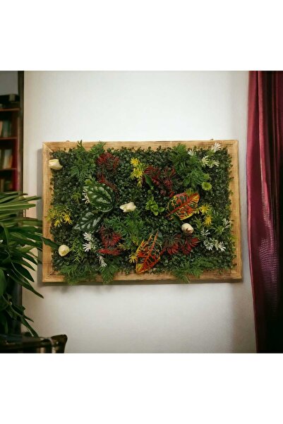DDTREND Ahşap Çerçeveli Yapay Çİçek Duvar Paneli Şimşir Dikey Bahçe Aranjman 48-68 Cm MODEL:2