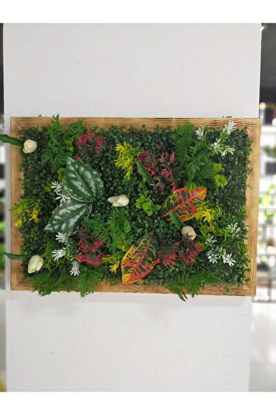 DDTREND Ahşap Çerçeveli Yapay Çİçek Duvar Paneli Şimşir Dikey Bahçe Aranjman 48-68 Cm MODEL:2