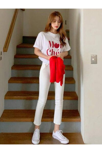 AMMA Γυναικείο μπλουζάκι White Mon Cheri με στάμπα 100% βαμβάκι