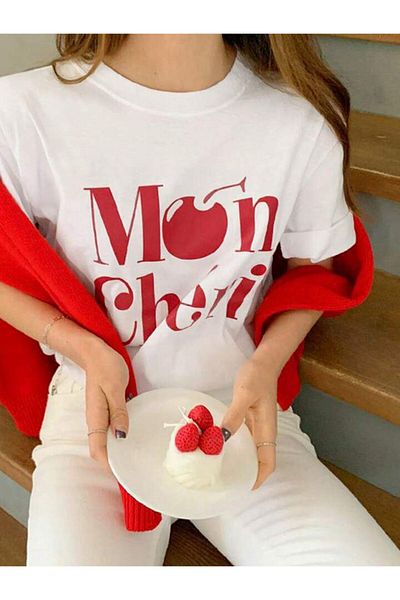 AMMA تي شيرت نسائي أبيض من Mon Cheri مصنوع من القطن بنسبة 100%
