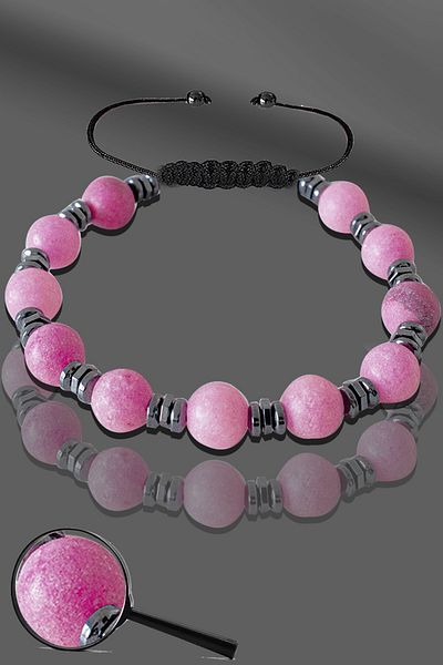 Tesbih Atölyesi Certified Natural Raw Pink Opal Stone Bracelet with Hematite - Adjustable