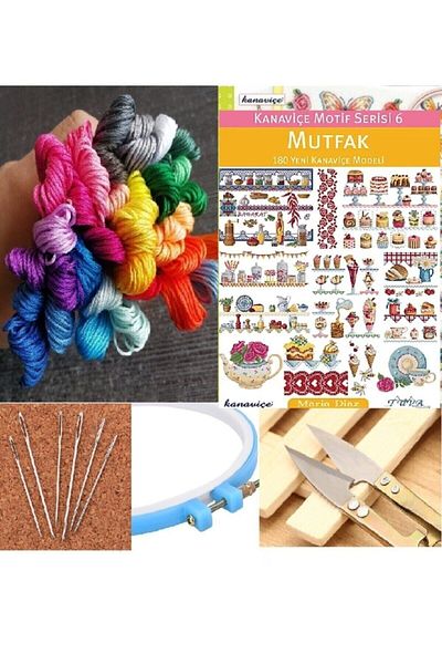 ALMİŞ Kitchen Cross Stitch Set 25 Thread Cross Stitch Book Thread Cutting Apparatus 6 Needle 19 Cm Pulley Fabric