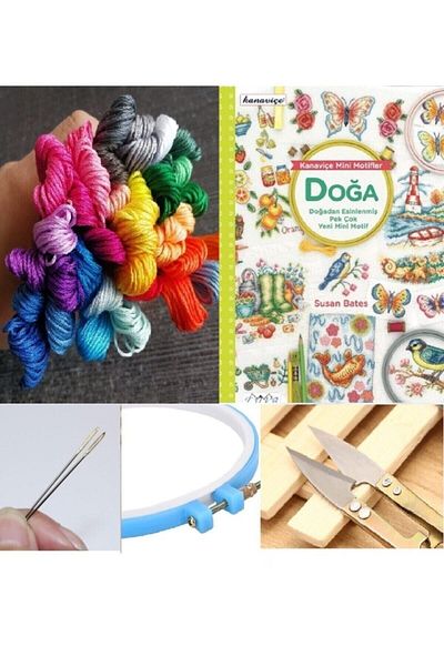 ALMİŞ Nature Cross Stitch Set 25 Thread Cross Stitch Book Thread Cutting Apparatus 6 Needles 19cm Pulley Fabric