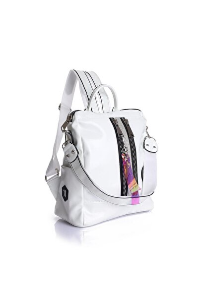 Getcho Rucsac de damă Julice din piele lacuită albă – buzunar dublu lucios, ieșire pentru căști, potrivit pentru utilizare zilnică