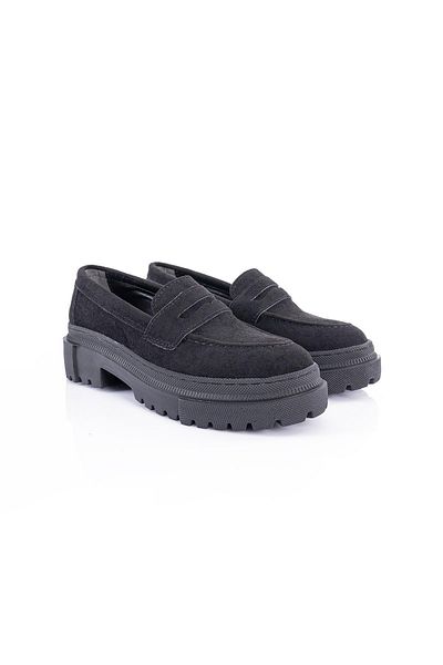 Getcho Loafer Elison pentru femei cu talpă groasă din piele întoarsă neagră