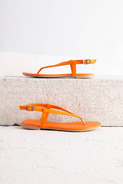 Getcho Lines Women's Orange Flip Flops Sandals Flat Sole Summer Casual Shoes Thin Strap Daily Model