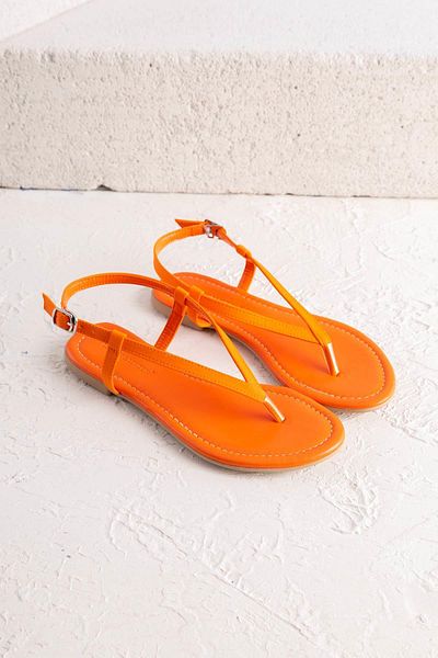 Getcho Lines Women's Orange Flip Flops Sandals Flat Sole Summer Casual Shoes Thin Strap Daily Model