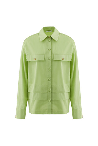 GİZİA Cep Kapağı Detaylı Uzun Kollu Yeşil Gömlek