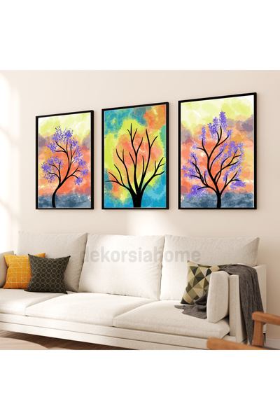 Dekorsiahome Set de pictură cu 3 piese cu rame din lemn PastelAğaç
