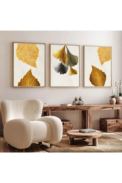 Dekorsiahome Set de pictură cu rame din lemn, 3 piese, galben-argintiu