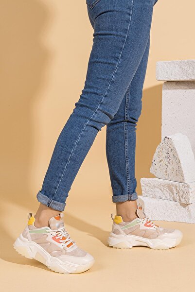 Getcho Blanca Women's Beige Multi Thick Sole Sports Shoes Mesh Surface Daily Use Stylish Comfortable Sneaker