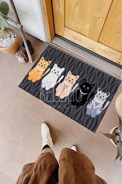 BELLİNO Yıkanabilir Kaymaz Pamuk Dokuma Taban Leke Tutmaz Kedili Kapı Önü Pas...
