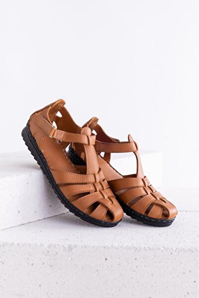 Getcho Janel Closed Toe Tan Women's Genuine Leather Sandals – Ankle Adjustable, Non-Slip Sole Sandals