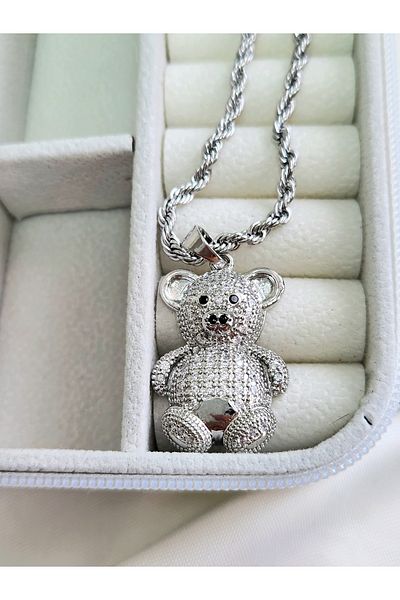 Eva Takı Teddy Bear Figured Zircon Stone Twist Chain Steel Silver Colored Necklace