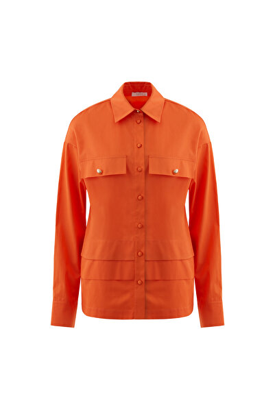 GİZİA Cep Kapağı Detaylı Uzun Kollu Turuncu Gömlek