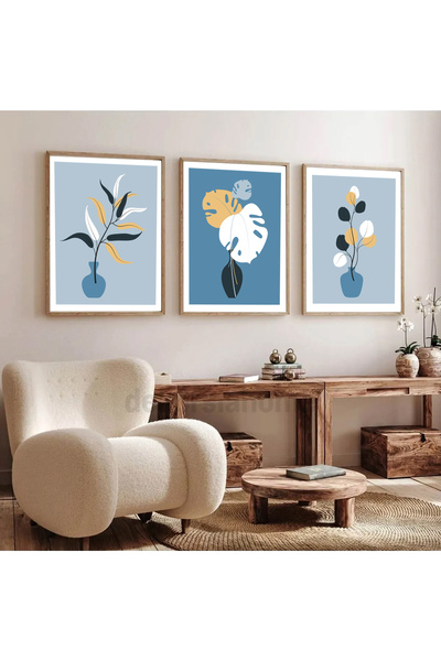 Dekorsiahome Set de pictură cu 3 piese cu ramă din lemn BlueErte