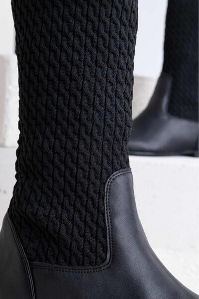 Getcho Darel Women's Black Knitwear Boots – Comfortable Inner Lining and Non-Slip Eva and Thin Soled Long Boots Leather Detail