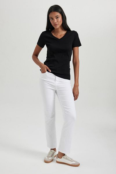 DeFacto V-Neck Slim Fit Rib T-Shirt - 100% Cotton, Short Sleeve, I1080Az23Sm
