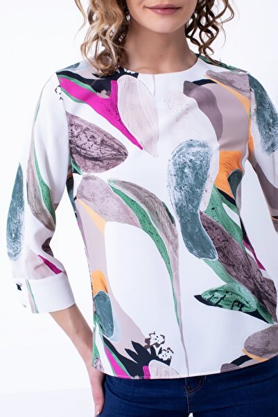 Cliche Women's Patterned Fabric Three-Quarter Sleeve Basic Blouse