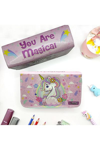 Limmy Glitter Sparkly Spring Unicorn Μολυβοθήκη Vegan Δερμάτινη θήκη για στυλό τριών διαμερισμάτων - Πράσινη