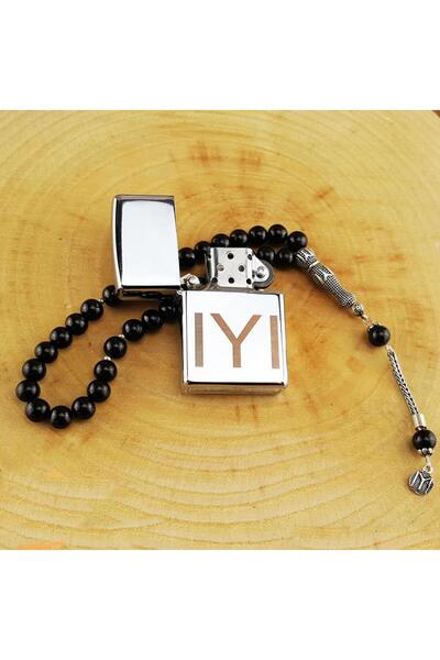 PİGADO 925 Ayar Gümüş Kayı Boyu Imameli Oltu Tesbih Ve Metal Çakmak Seti