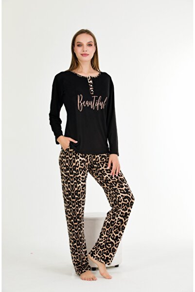 Temporium Set de pijamale din bumbac pieptănat cu mânecă lungă, cu nasturi, cu guler, imprimat negru, din bumbac pieptănat