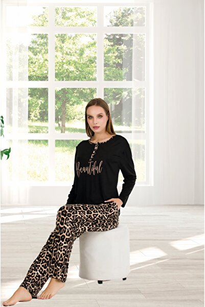 Temporium Set de pijamale din bumbac pieptănat cu mânecă lungă, cu nasturi, cu guler, imprimat negru, din bumbac pieptănat