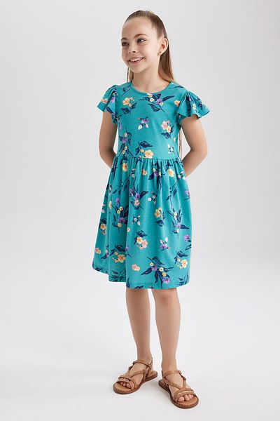 DeFacto Rochie din bumbac pieptănat cu mânecă scurtă, cu decolteu, cu imprimeu floral, pentru fete W7746a623sm