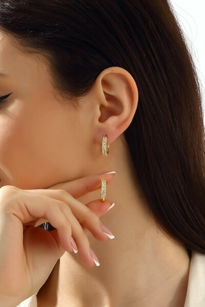 MySilvers Asimetrik Baget Taşlı Halka Küpe