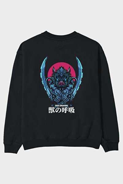 Ankhises Inosuke DEMON SLAYER Anime Back Štampano Crna Oversize kroj Dukseric...