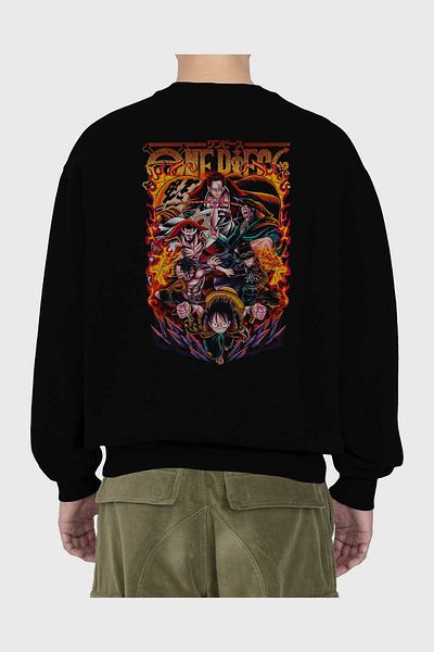 Ankhises ONE PIECE (3) Hanorac supradimensionat negru cu imprimeu pe spate, bărbați, femei, cu gât crepus