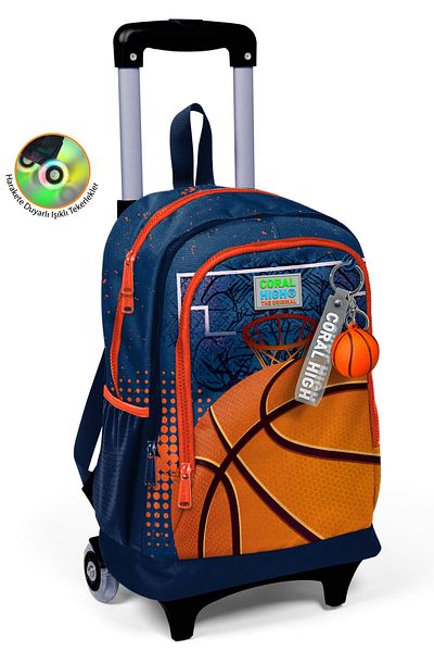 Coral High Rucsac de școală cu trei compartimente pentru copii, portocaliu, bleumarin, cu model de baschet, cu racletă 23966