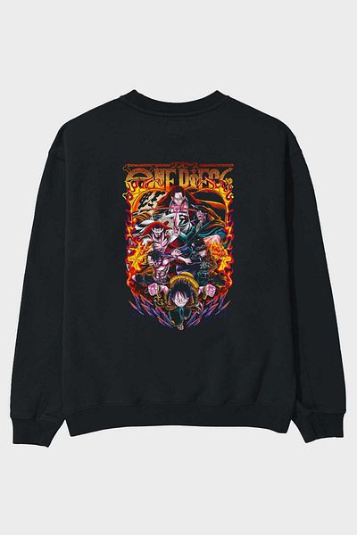 Ankhises ONE PIECE (3) Hanorac supradimensionat negru cu imprimeu pe spate, bărbați, femei, cu gât crepus
