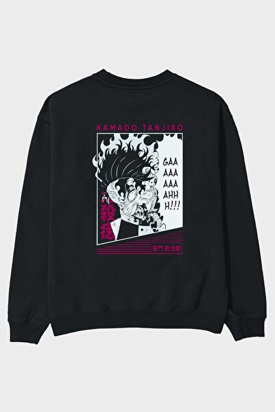 Ankhises TANJIRO KAMADO 3 Anime Back Štampano Crna Oversize kroj Dukserica Mu...