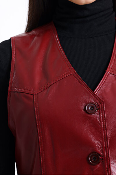 LİDYA DERİ Hakiki Deri Düğmeli Kadın Deri Yelek